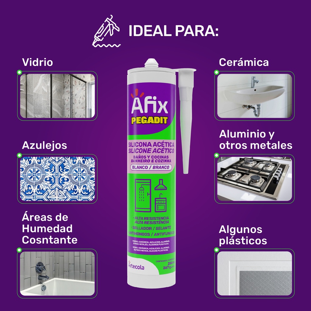 AFIX BAÑO Y COCINA SILICONA ACETICA BLANCA 280ML/267G - Caja de 12