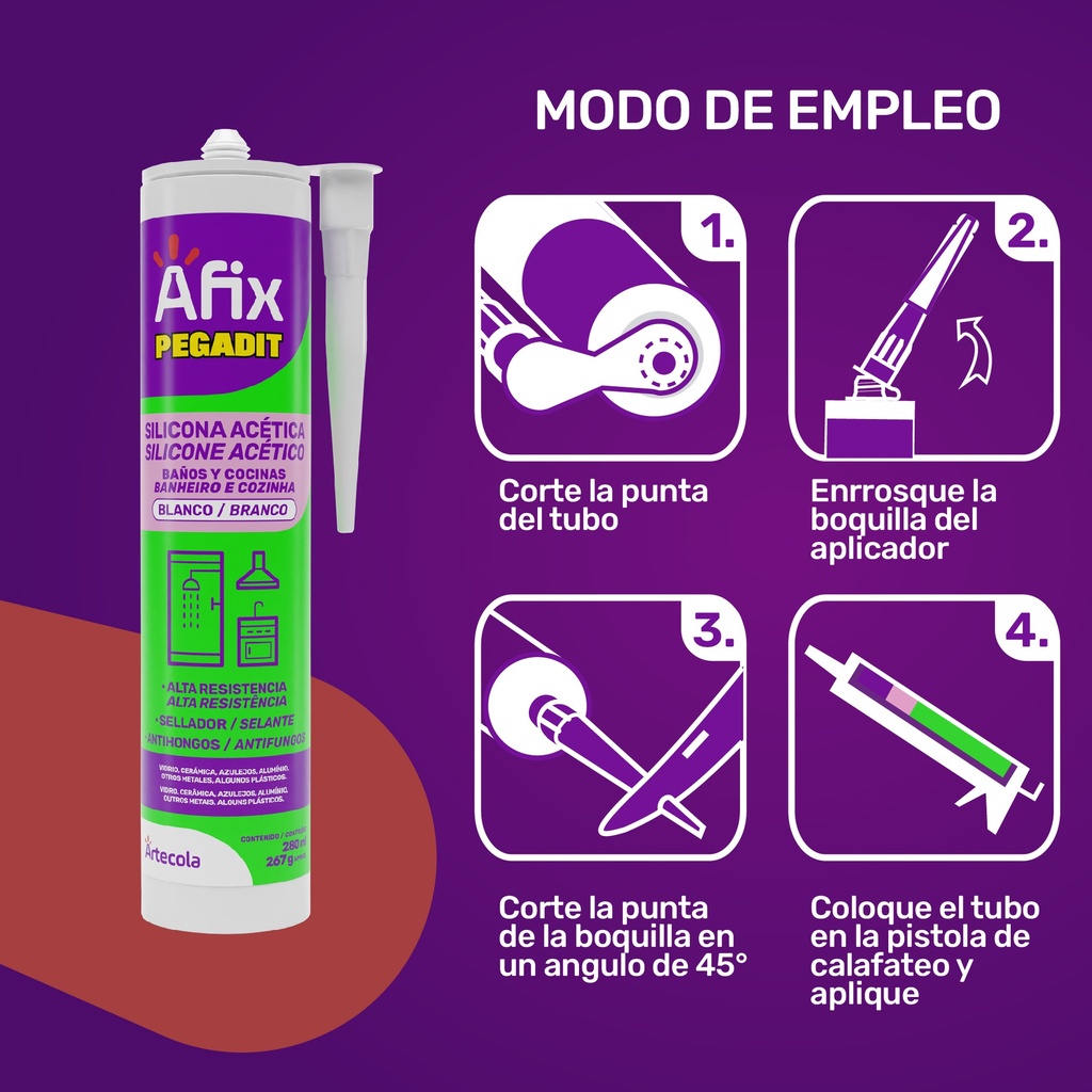 AFIX BAÑO Y COCINA SILICONA ACETICA BLANCA 280ML/267G - Caja de 12