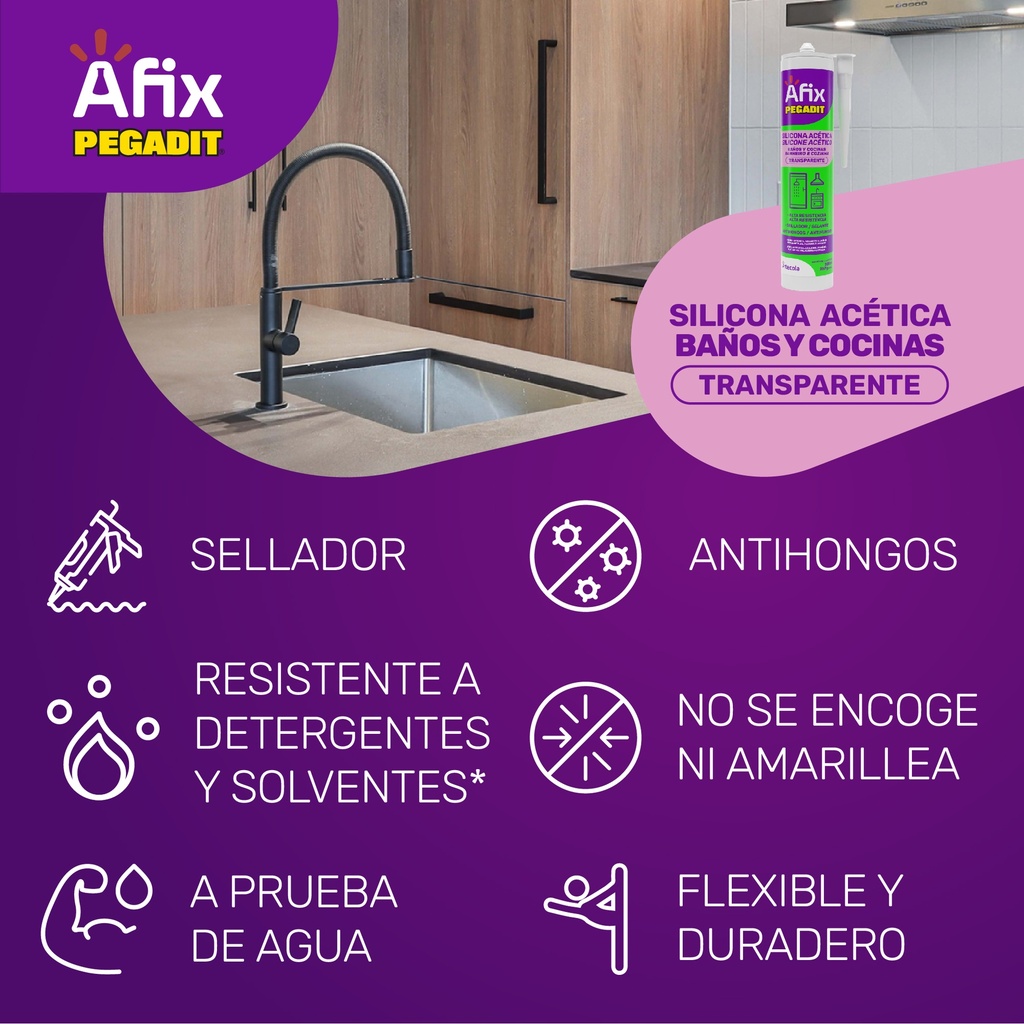 AFIX BAÑO Y COCINA SILICONA ACETICA TRANSP. 280ML/267G - Caja de 12